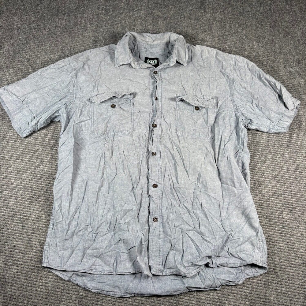 Key Button Down Shirt Mens XL Blue Excellent Short Sleeve Chambray Cotton